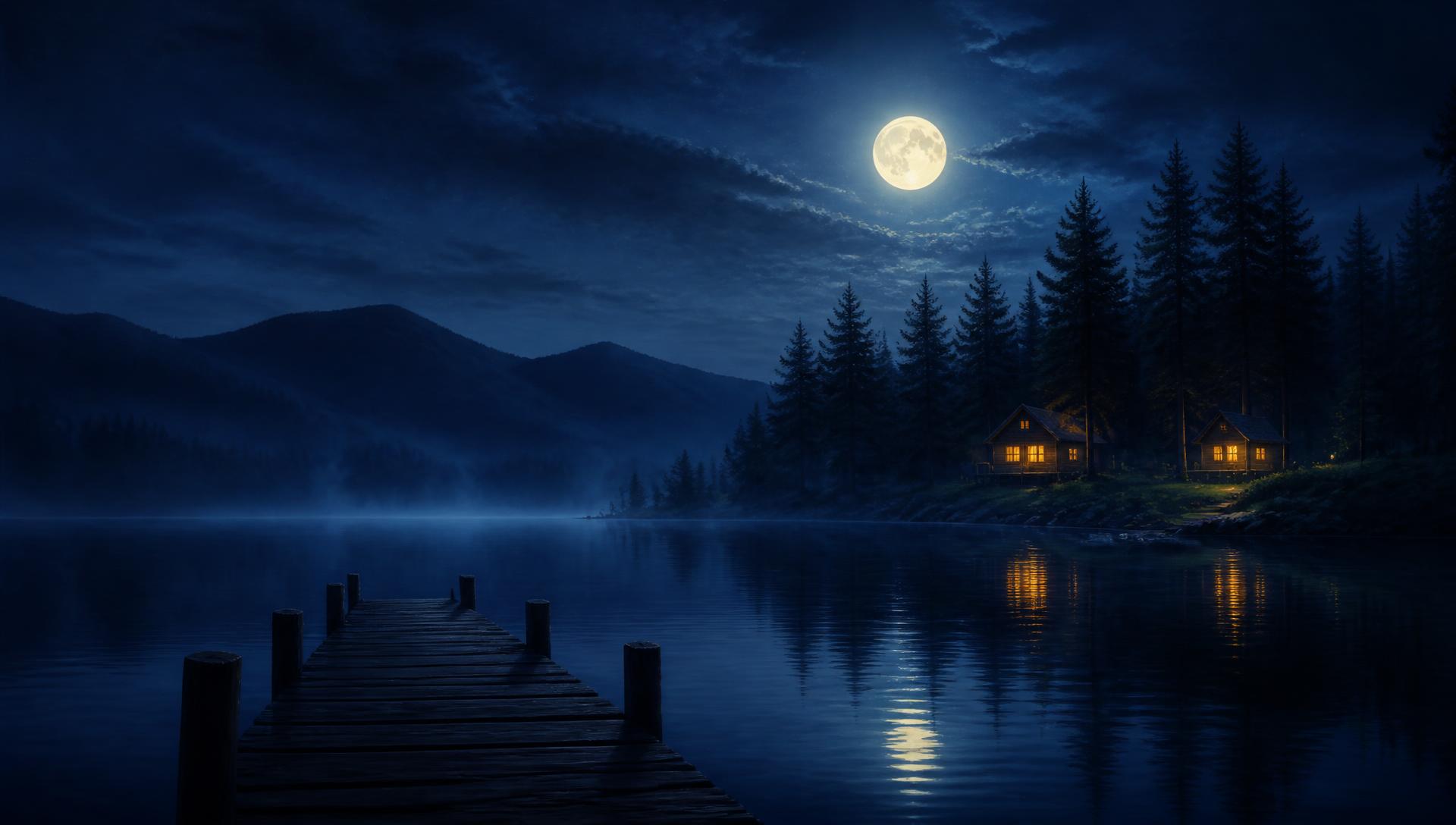A calm summer camp lake at night with pine trees, cabins and a wooden dock
