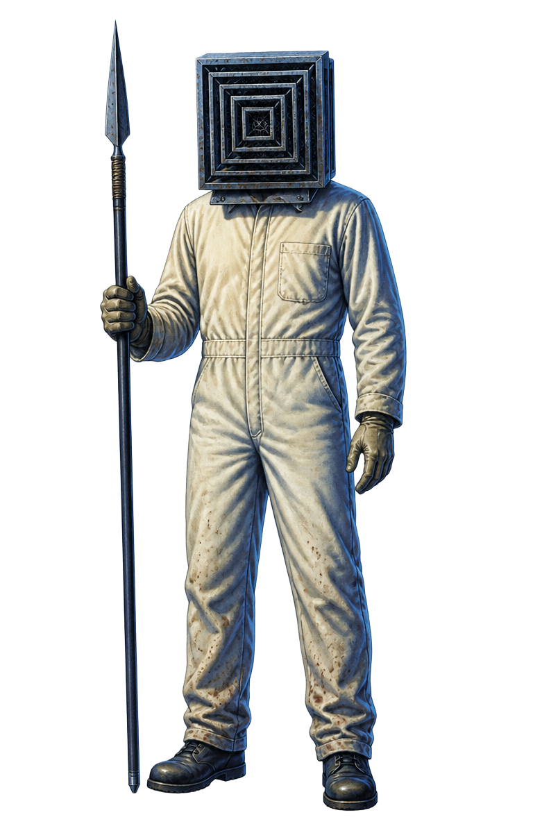 Little Death, a figure in cream coveralls with a square metal helmet, holding a spear
